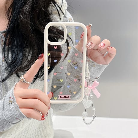 CUTECASEハート柄 iPhone15/15proケース ストラップ付 iPhone14/13pro/12ケース 頑丈 女子力アップ CM3987