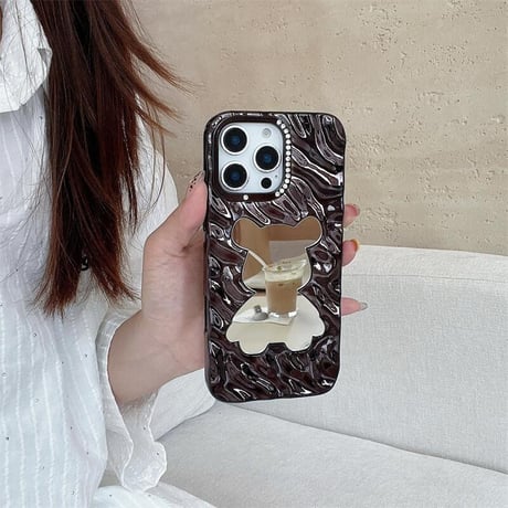 CUTECASE クマちゃんミラー iPhone17/16proケース ジュエリーデコ 波紋 iPhone15pro/14/13カバー メイク直し 可愛いCM5591