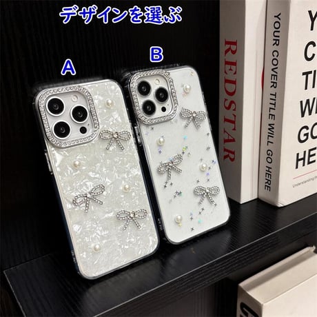 CUTECASE 女子力高いリボン iPhone16/17proケース パールデコ iPhone15promax/14pro/13 シェル風/キラキララメ ジュエリーカメラ枠CM5643