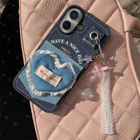 CUTECASEカート収納 iPhone16/16Proケース デニム レースハート iPhone15Promax/14/13カバー ストラップ付 耐衝撃 女子力高いCM4812
