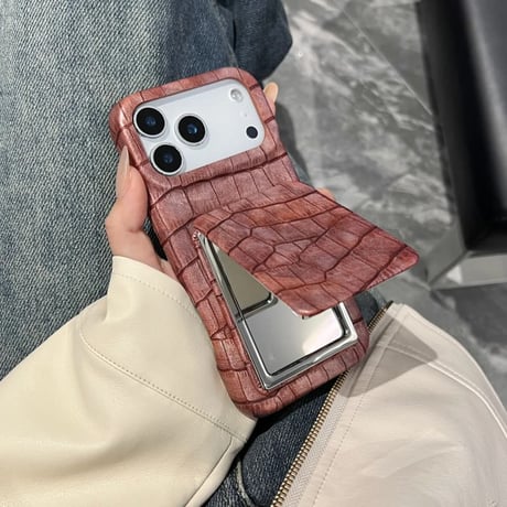 CUTECASE ワニ革 ミラースタンド付 iPhone17Pro/17ケース レザー 高級感 iPhone17ProMax/16Pro/15カバー 上品 高品質 耐衝撃 CM6074