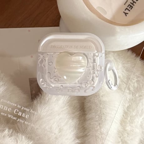 CUTECASE シェル風ハート Airpods Pro3ケース リボン柄 Airpods 4/3カバーケース AirpodsPro2/1 キラキラ感 オシャレホワイト CM6187