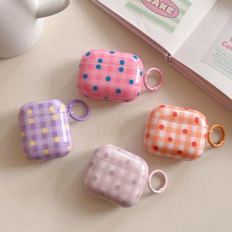 CUTECASE チェック柄と水玉模様 AirpodsPro3ケース 韓国っぽ Airpods3/pro2カバー 可愛い リング付 ギフトにCM6020