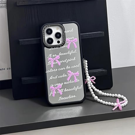 CUTECASEリボン柄 鏡iPhone15pro/15romaxカバー パールストラップ付 アイフォン14pro/13/12proケース 流行る 女子力高いCM4415