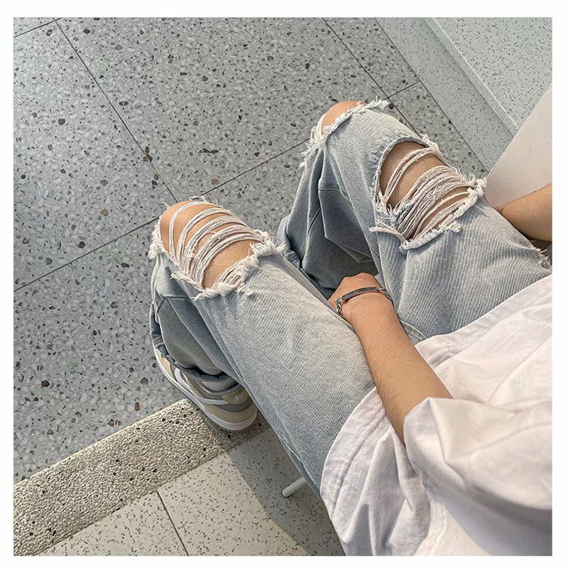 メンズ デニム ライトブルー ダメージジーンズ パンツ 韓国 | FRYK's