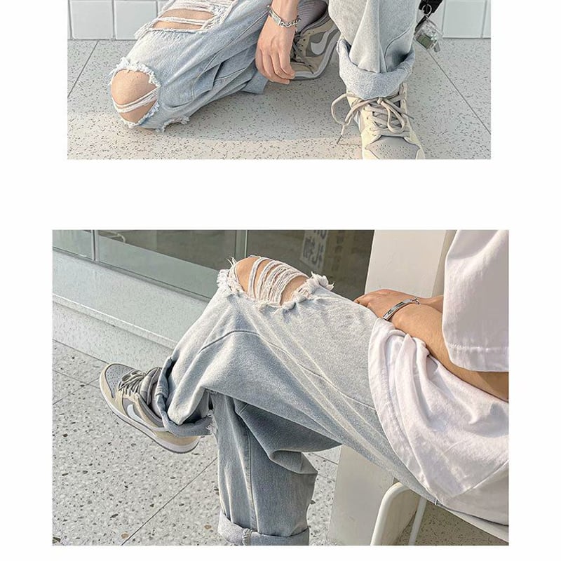 ay mnmi ライトブルー ダメージデニム メンズ デニム ライトブルー ダメージジーンズ パンツ 韓国 | FRYK's