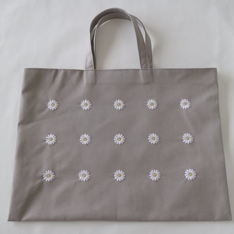 Navy label・レッスンバッグ・グレー＊マーガレット刺繍  （裏地・ピンドット）