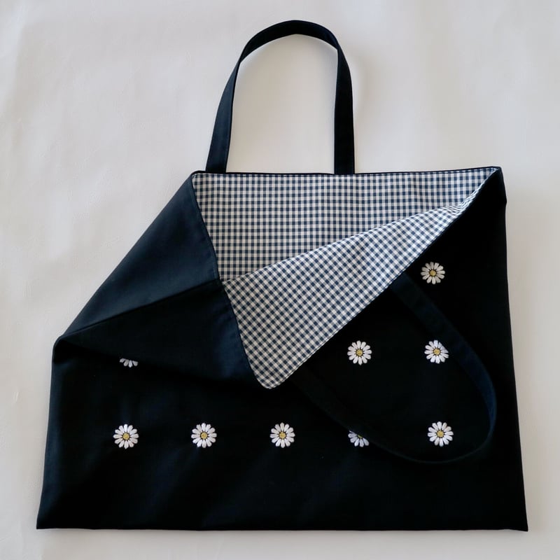 Navy label・レッスンバッグ・紺＊マーガレット刺繍 （裏地
