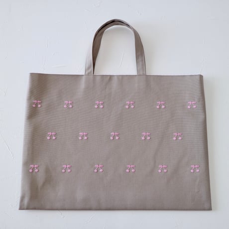 Navy label・レッスンバッグ・グレー＊さくらんぼ(ピンク)刺繍