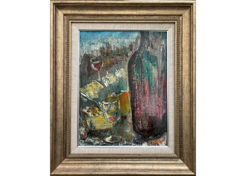 ワインとチーズの油彩画 ワインとチーズの油彩画 美術品・アンティーク