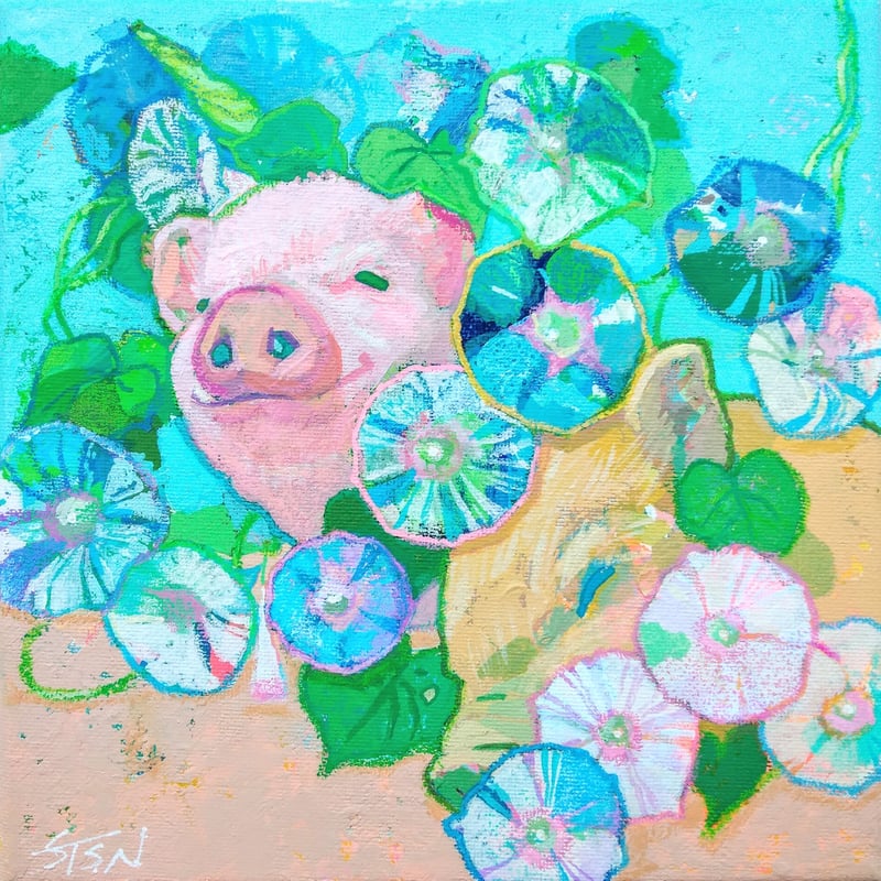 油絵　専用　花壇から顔を出した赤ちゃんぶた 油絵 専用 花壇から顔を出した赤ちゃんぶた 油絵 専用 花壇から顔を