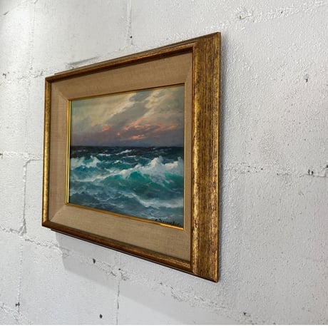 70s "Sunset over Waves" oil painting