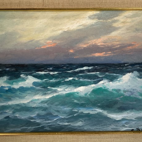 70s "Sunset over Waves" oil painting