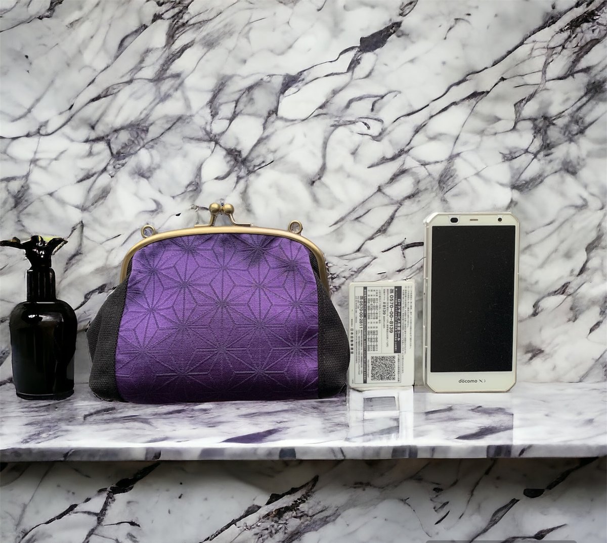 がま口バッグ＜人気の麻の葉西陣帯＆黒帆布＆本革ショルダー