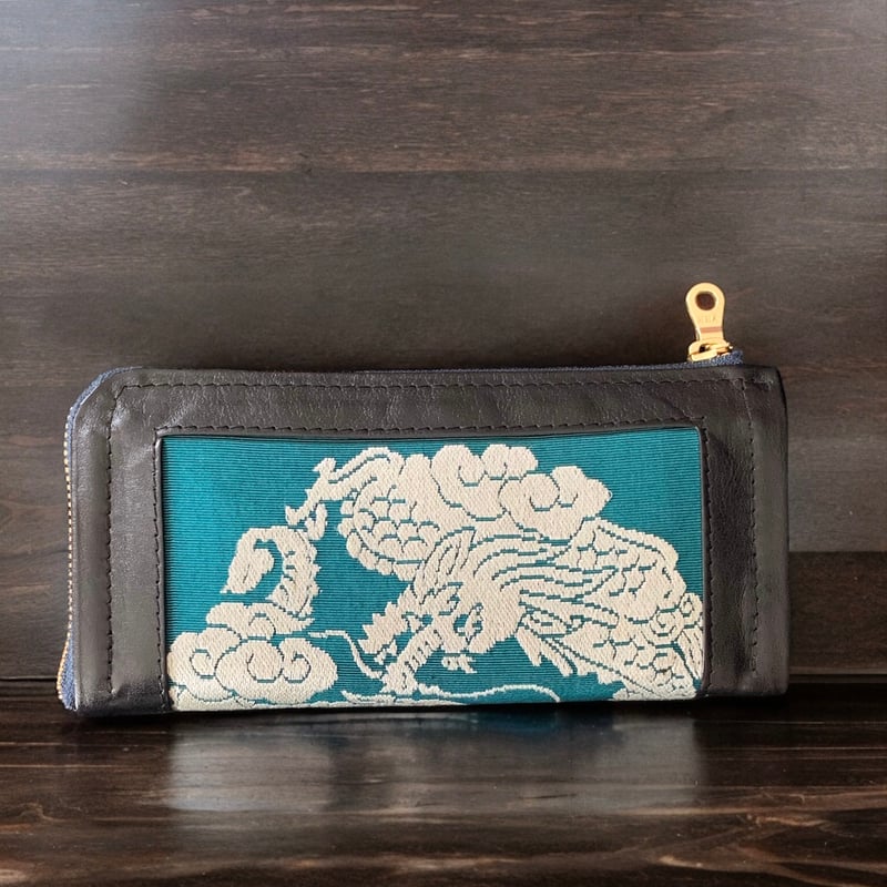 縁起物＜龍＞博多織帯＆ブラック本革 長財布 | 帯アートバッグの万華鏡®