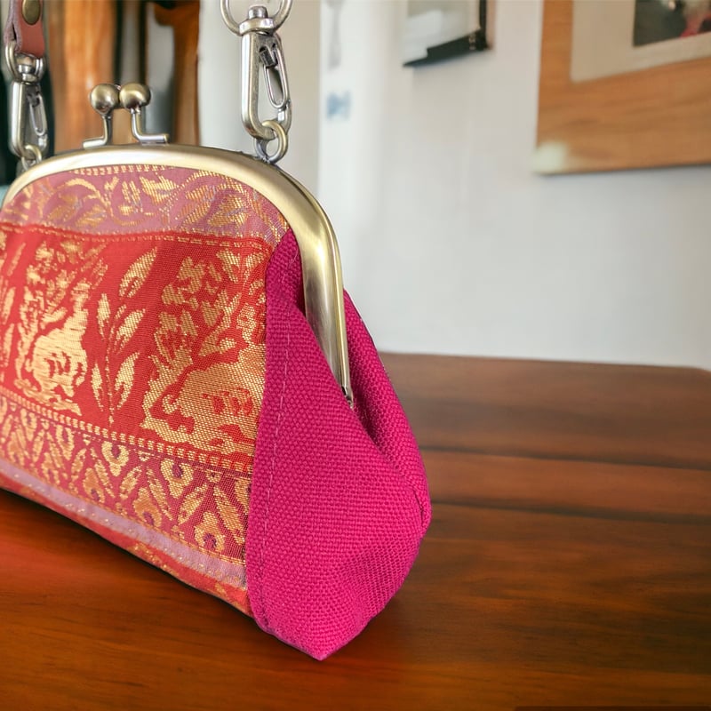 がま口バッグ＆ポーチ 西陣シルク帯＆帆布＆本革ショルダー | 帯