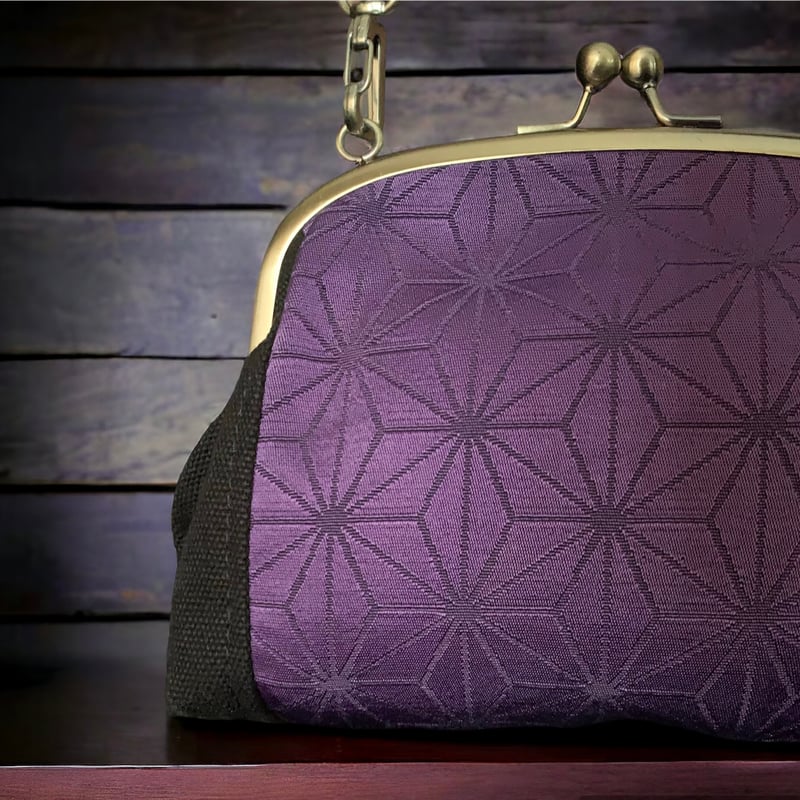 がま口バッグ＜人気の麻の葉西陣帯＆黒帆布＆本革ショルダー