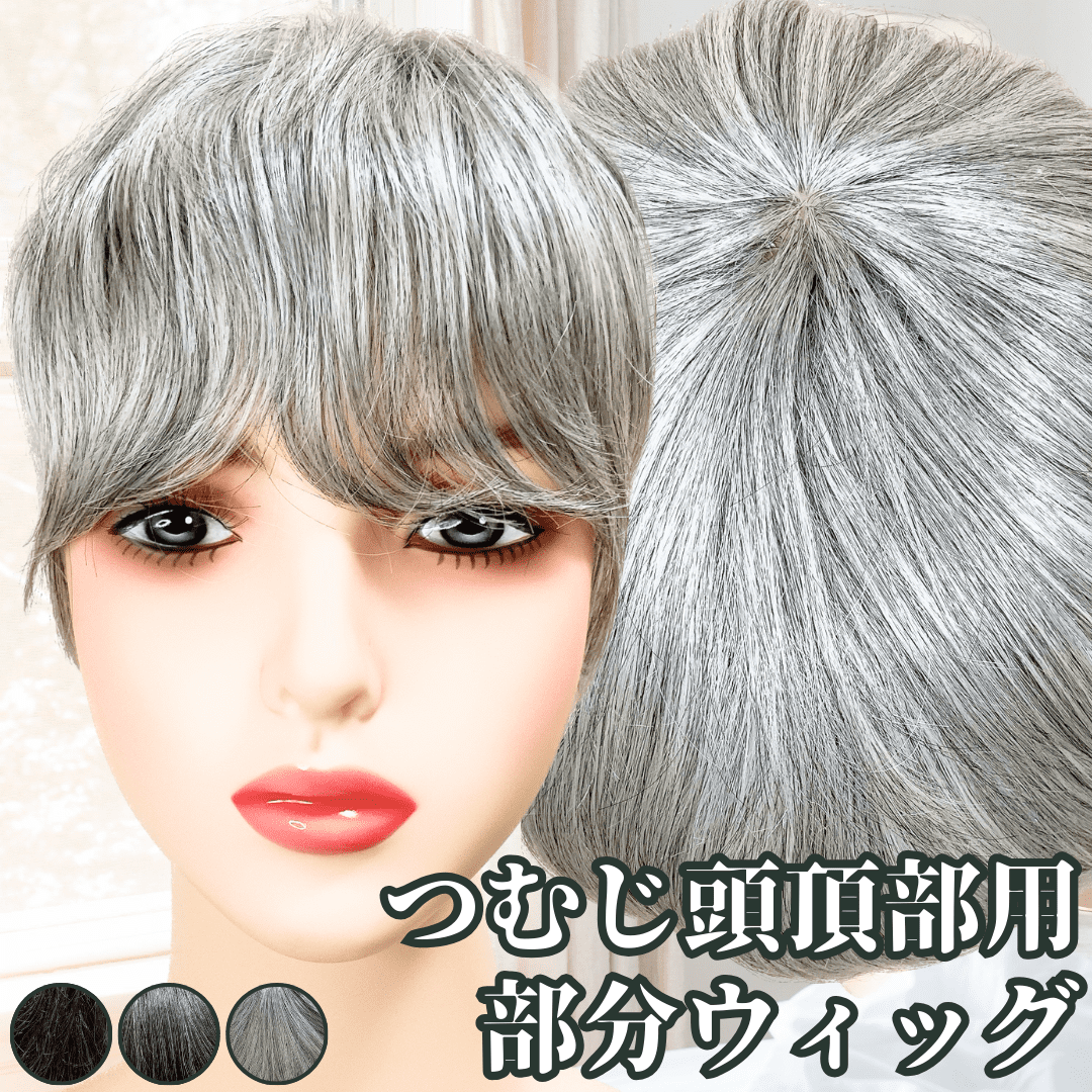 白髪ウィッグ 白髪ショート 部分ウィッグ かつら ヘアピース ポイント