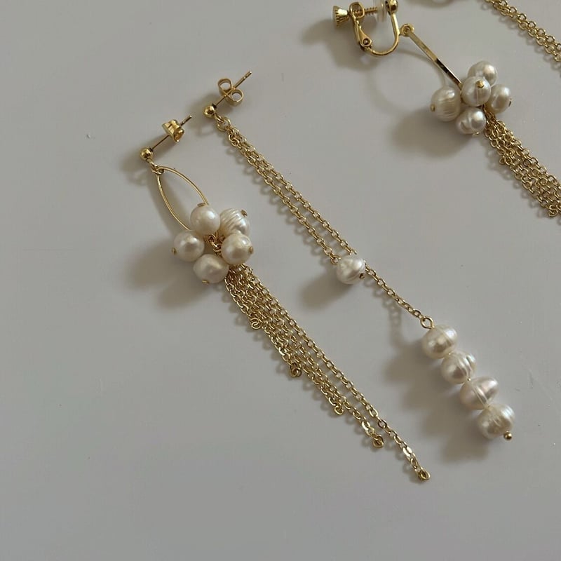 淡水パール ピアス ロングチェーン ゴールド gold］淡水パール ロングチェーンピアス/イヤリング/サージカル