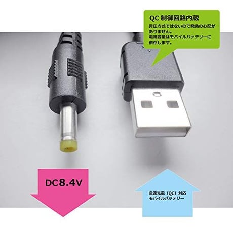 [QC8.4-4017] USB電源ケーブル Type-A ＜QC3.0 DCケーブル＞ 急速充電器用 DC プラグ 線長 約1.0m (DC8.4V サイズ：4.0mmx1.7mm)