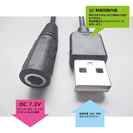 ！カスタム！[QC7.2-47517S x1m] USB TypeAから7.2Vを取り出す ファン付き作業服 電熱ベスト電源ケーブル (バートル・ミズノなどに対応）1m +延長ケーブル セット