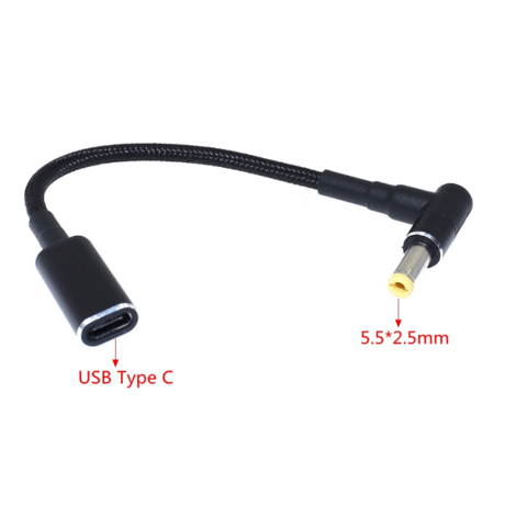 [PDE-5525] 100W 対応 eMarker内蔵 USB PD トリガーケーブル DC18V-20V 電源プラグ 充電用ショートケーブル ノートパソコン用 (5.5mm×2.5mm)