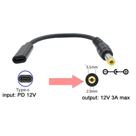 [PDN-12V-5525] USB PD トリガーケーブル DC12V 電源プラグ 充電用ショートケーブル  (5.5mm×2.5mm)