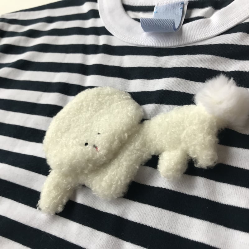 飛び出す?!白い犬 ボーダー半袖Tシャツ | ワンニャン大行進