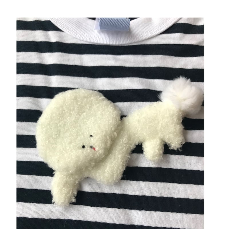 飛び出す?!白い犬 ボーダー半袖Tシャツ | ワンニャン大行進