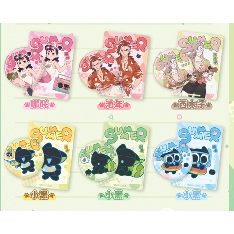 羅小黒戦記 スクエア缶バッジ 小黒(シャオヘイ)、風息(フーシー) 歓迎会お花 羅小黒戦記2＊森羅万象 夏休み大作戦 缶バッジ&イラストカード 1ペア