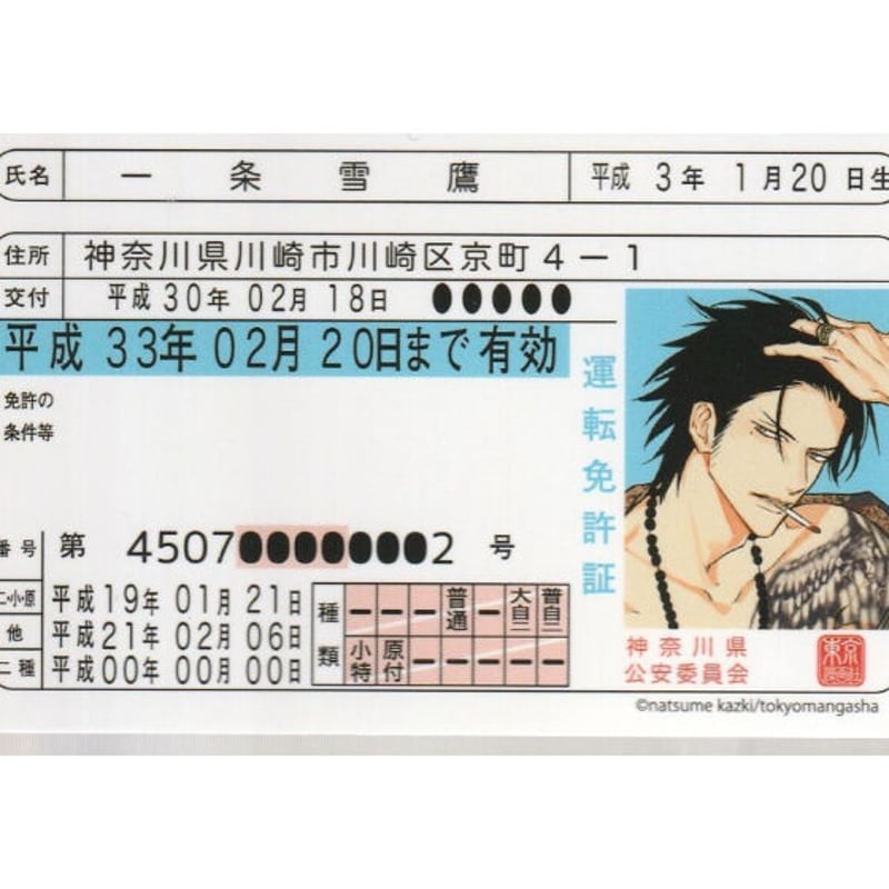 ナツメカズキ NIGHTSBEFORENIGHT 免許証風カード 一条時雨 雪鷹 ナツメカズキ 『NIGHTS BEFORE NIGHT』 免許証カード 雪鷹【BLグッズ】