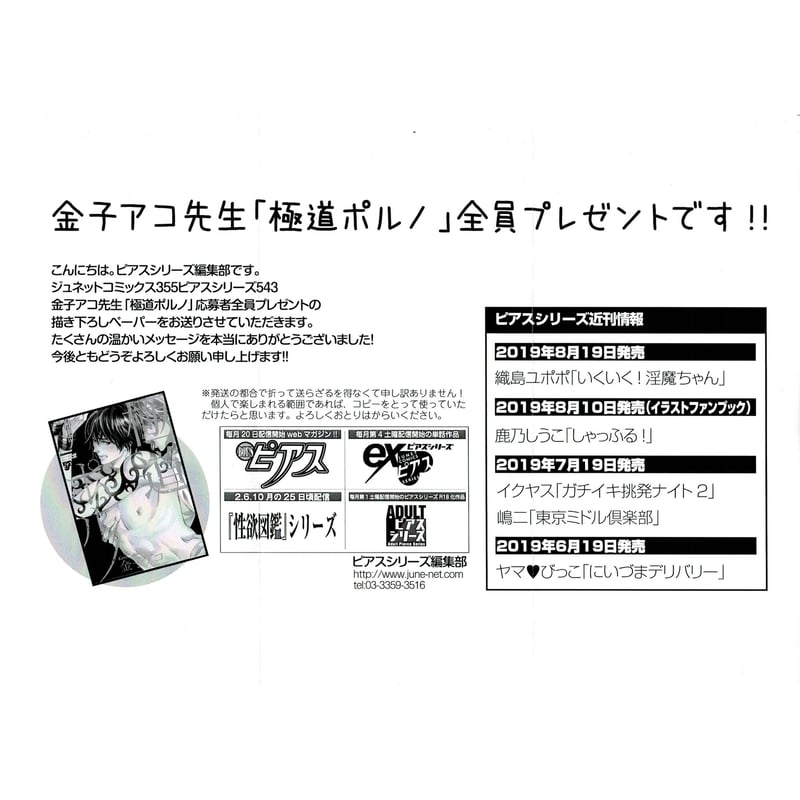 金子アコ『極道ポルノ』 応募者全員プレゼント ペーパー【BL 金子アコ『極道ポルノ』 応募者全員プレゼント ペーパー【BL
