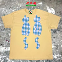 MKM ORIGINAL 【薄いイエロー×ちょい大きめ青ギンガムのあ~あ~Tシャツ】