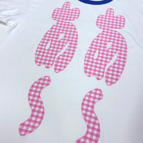 MKM ORIGINAL 【青リンガー×ちょい大きめピンクギンガムチェックのあ~あ~Tシャツ】
