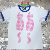 MKM ORIGINAL 【青リンガー×ちょい大きめピンクギンガムチェックのあ~あ~Tシャツ】