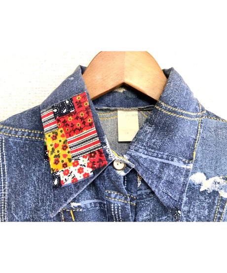 70's denim patchwork print shirt
