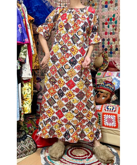 70s patchwork print dress