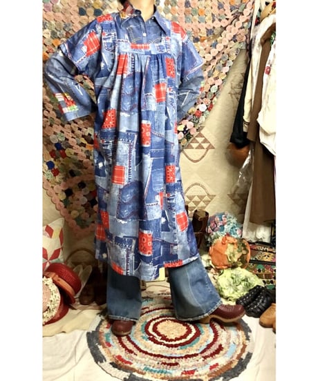 70's denim patchwork print dress