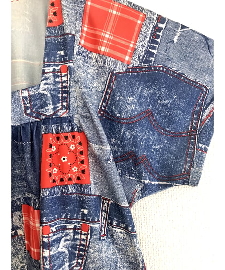 70's denim patchwork print dress