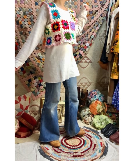 granny square vest white×pink