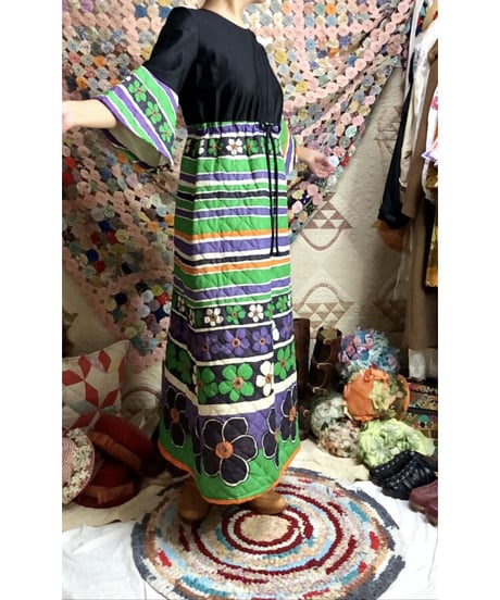 60's quilting stripe × flower dress
