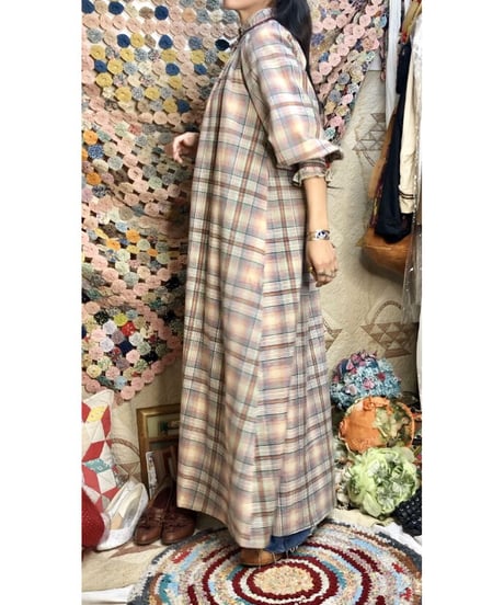 1970's shirring plaid  one-piece
