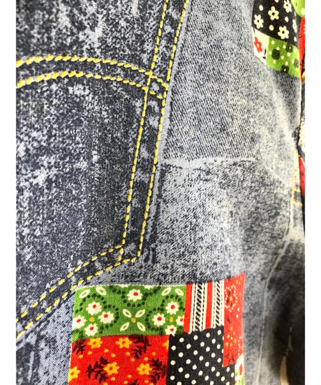 70's denim patchwork print shirt