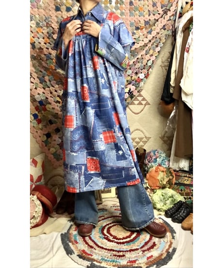 70's denim patchwork print dress