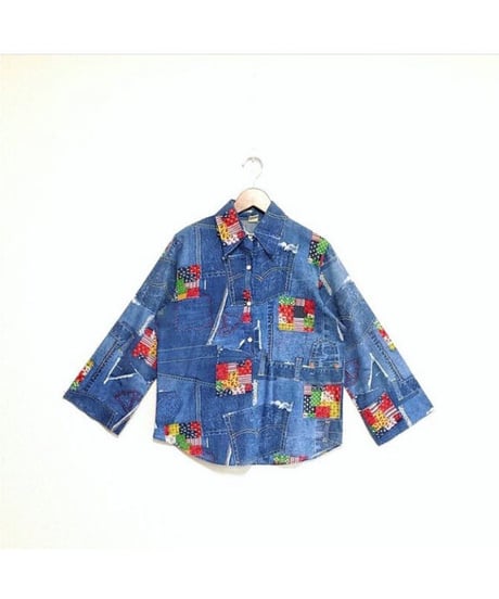70's denim patchwork print shirt