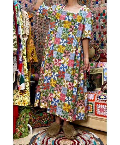 60-70s patchwork print dress
