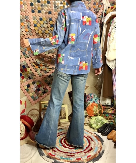 70's denim patchwork print shirt