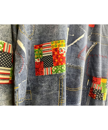 70's denim patchwork print shirt