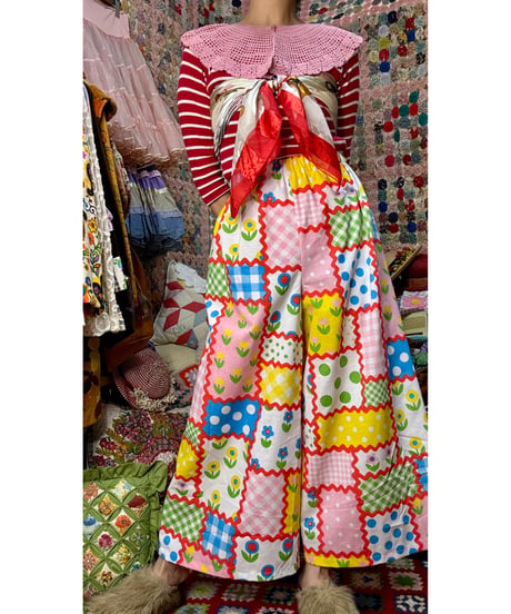 patchwork print super wide leg pants B（70s fabric）