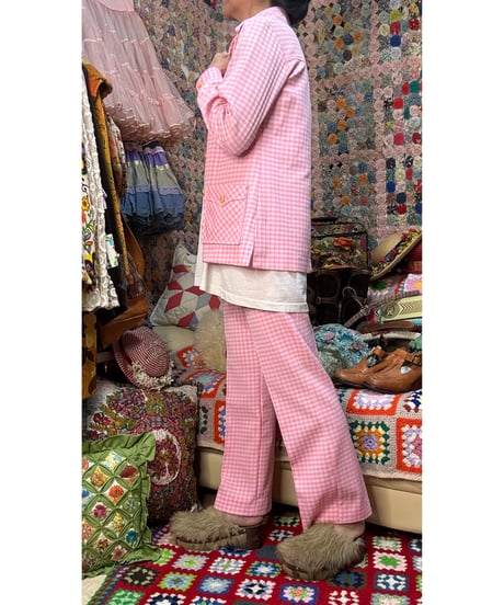 70s gingham polyester 2pc（jacket & pants）